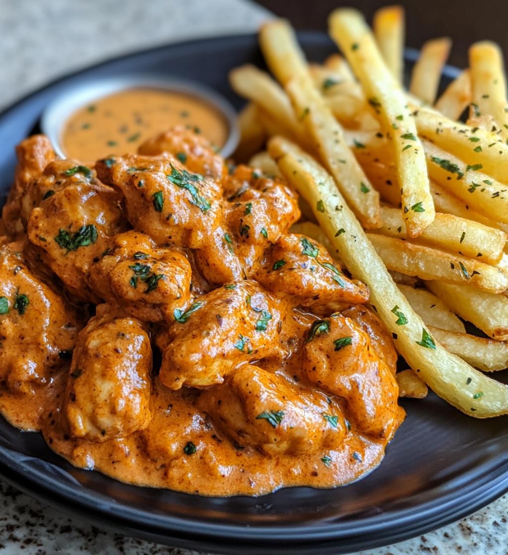 Butter chicken with garlic sauce and crispy fries