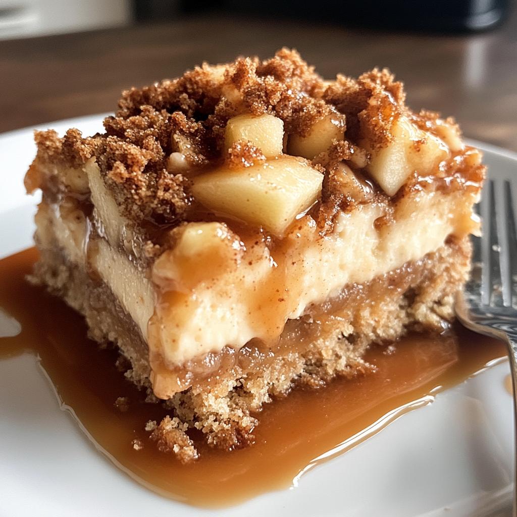 Caramel Apple Cheesecake Bars with cinnamon crumbs