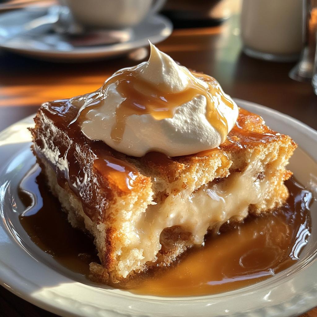 Caramel Bread Pudding with vanilla cream