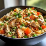 Cauliflower “fried rice” stir-fry packed with colorful veggies and lean protein.