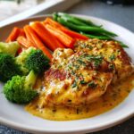 Chicken breast in a creamy mustard sauce with steamed vegetables
