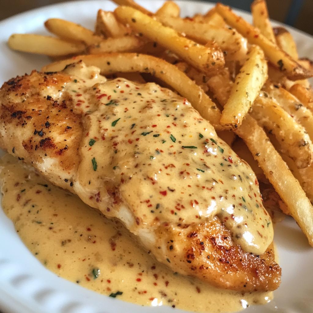 Chicken fillet in a spicy, creamy garlic parmesan sauce with French fries