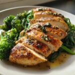 Chicken pan with garlic, fresh broccoli and spinach