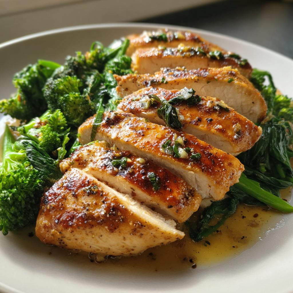 Chicken pan with garlic, fresh broccoli and spinach