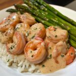 Creamy Garlic Shrimp with buttered rice and roasted asparagus