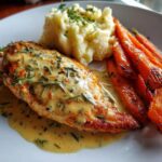 Creamy Rosemary Chicken with mashed potatoes and roasted carrots