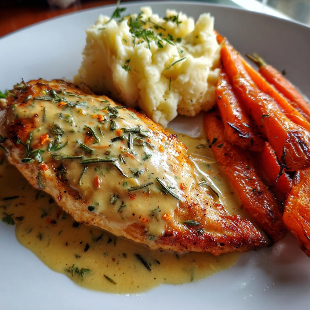 Creamy Rosemary Chicken with mashed potatoes and roasted carrots