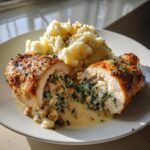 Creamy Spinach and Mushroom Stuffed Chicken with garlic mashed potatoes