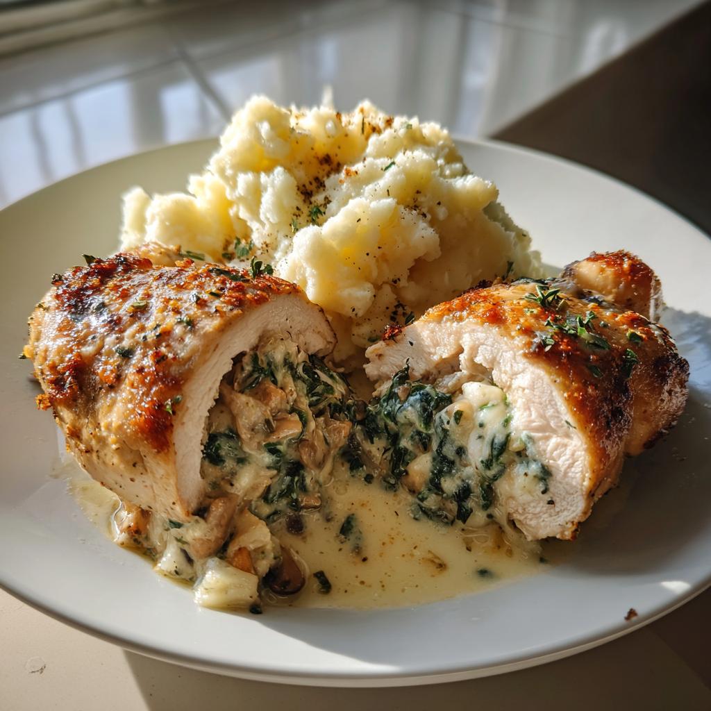 Creamy Spinach and Mushroom Stuffed Chicken with garlic mashed potatoes