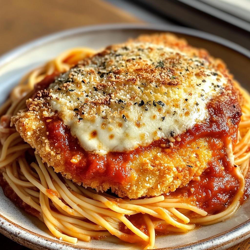 Crispy Chicken Parmesan with spaghetti marinara