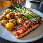 Grilled Salmon with Roasted Potatoes and Cheesy Asparagus