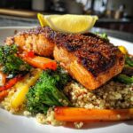 Grilled salmon with quinoa and steamed veggies healthy food dish