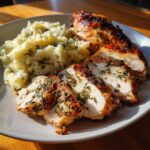 Herb Butter Roasted Turkey Breast with garlic mashed potatoes