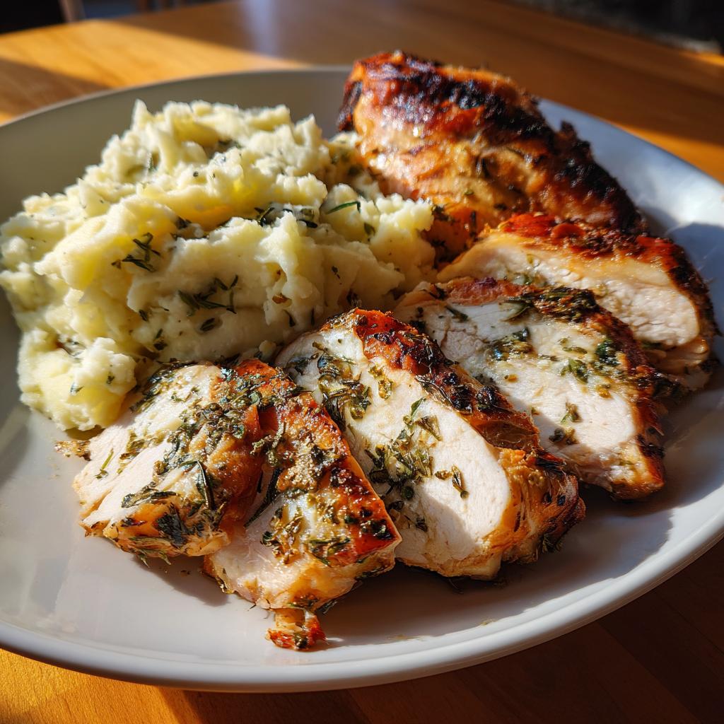 Herb Butter Roasted Turkey Breast with garlic mashed potatoes