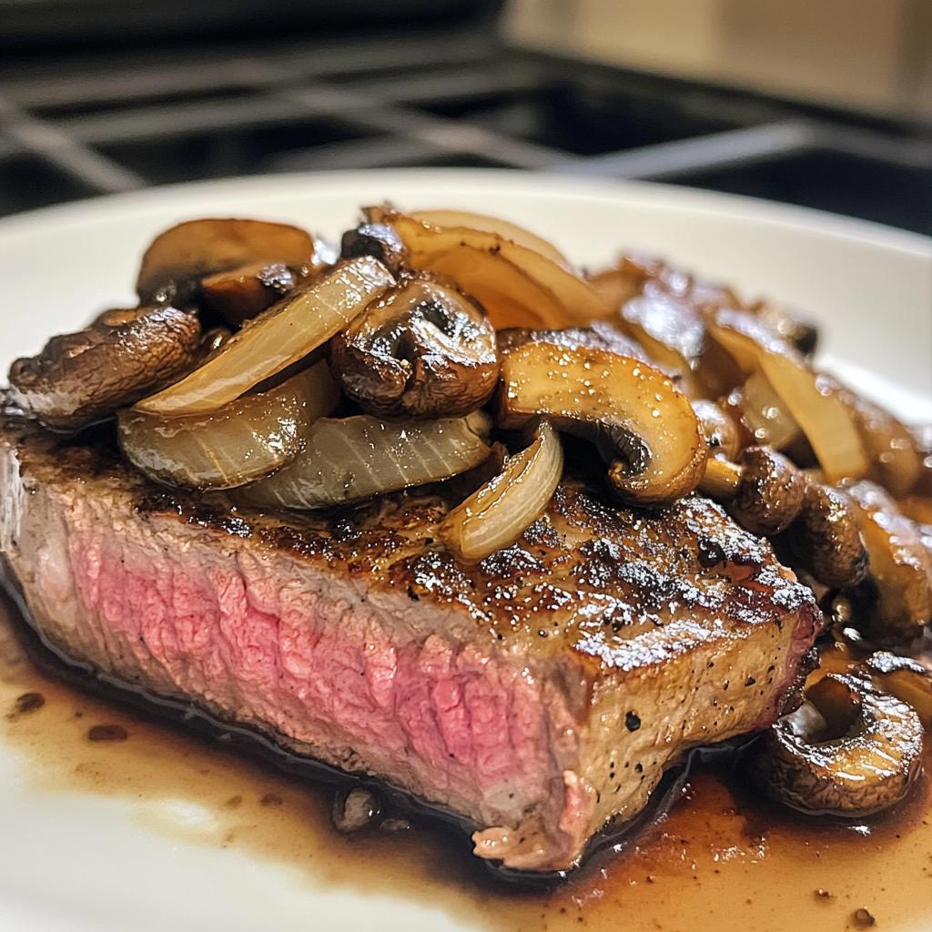 Ibeye steak with French onions & mushrooms