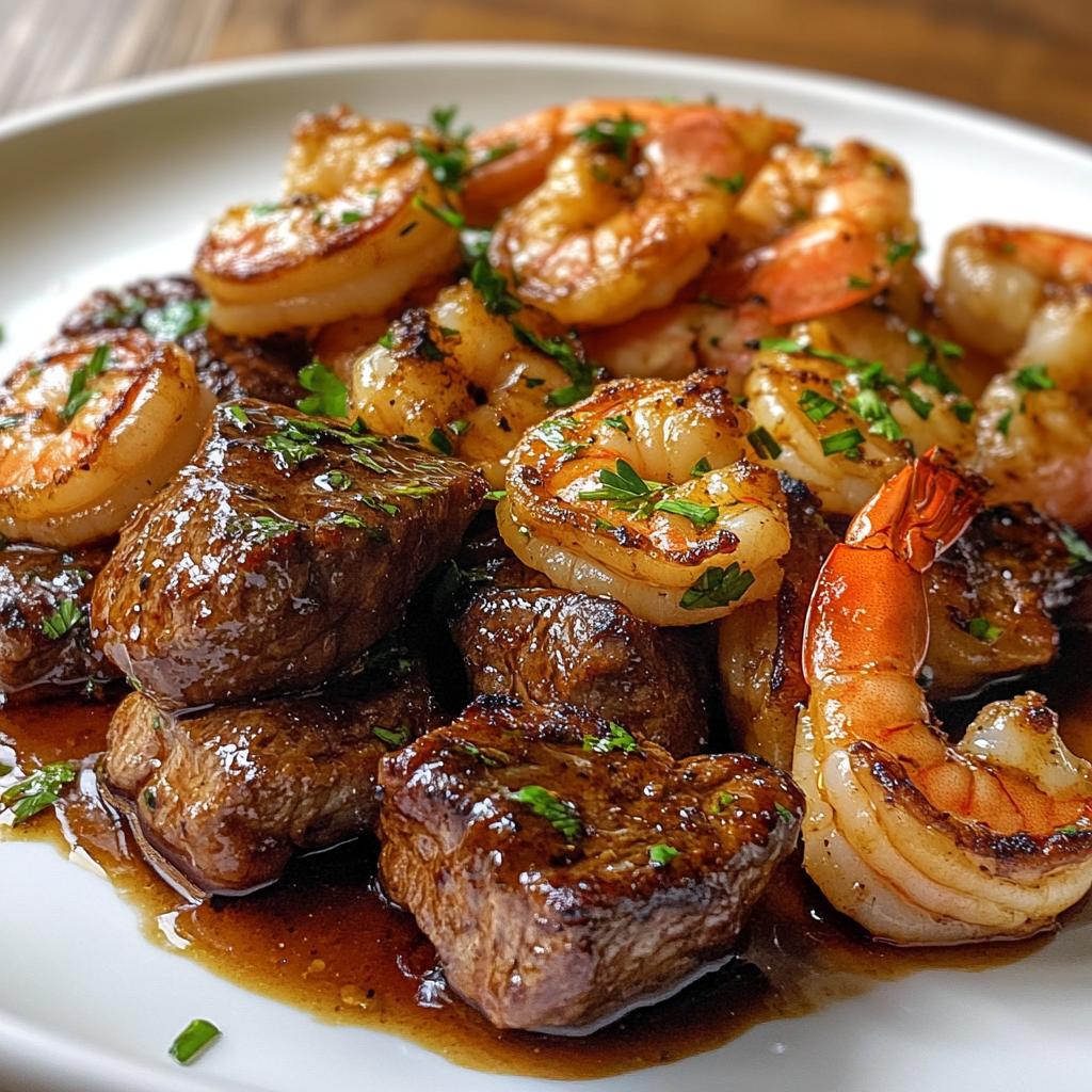 Incredible savory steak bites and shrimp in butter soy sauce glaze