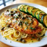 Lemon Herb Chicken Piccata with angel hair pasta and grilled zucchini