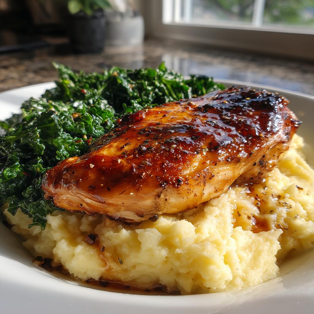 Maple Glazed Chicken with mashed sweet potatoes and sautéed kale