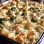Pesto Chicken Alfredo Bake with roasted broccoli