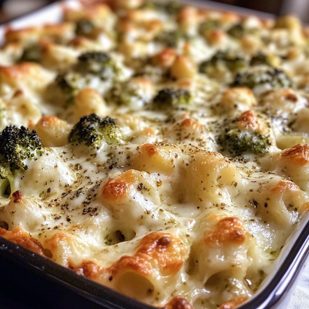 Pesto Chicken Alfredo Bake with roasted broccoli