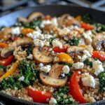 Quinoa veggie skillet with mushrooms, kale, red pepper and a light Mediterranean seasoning.