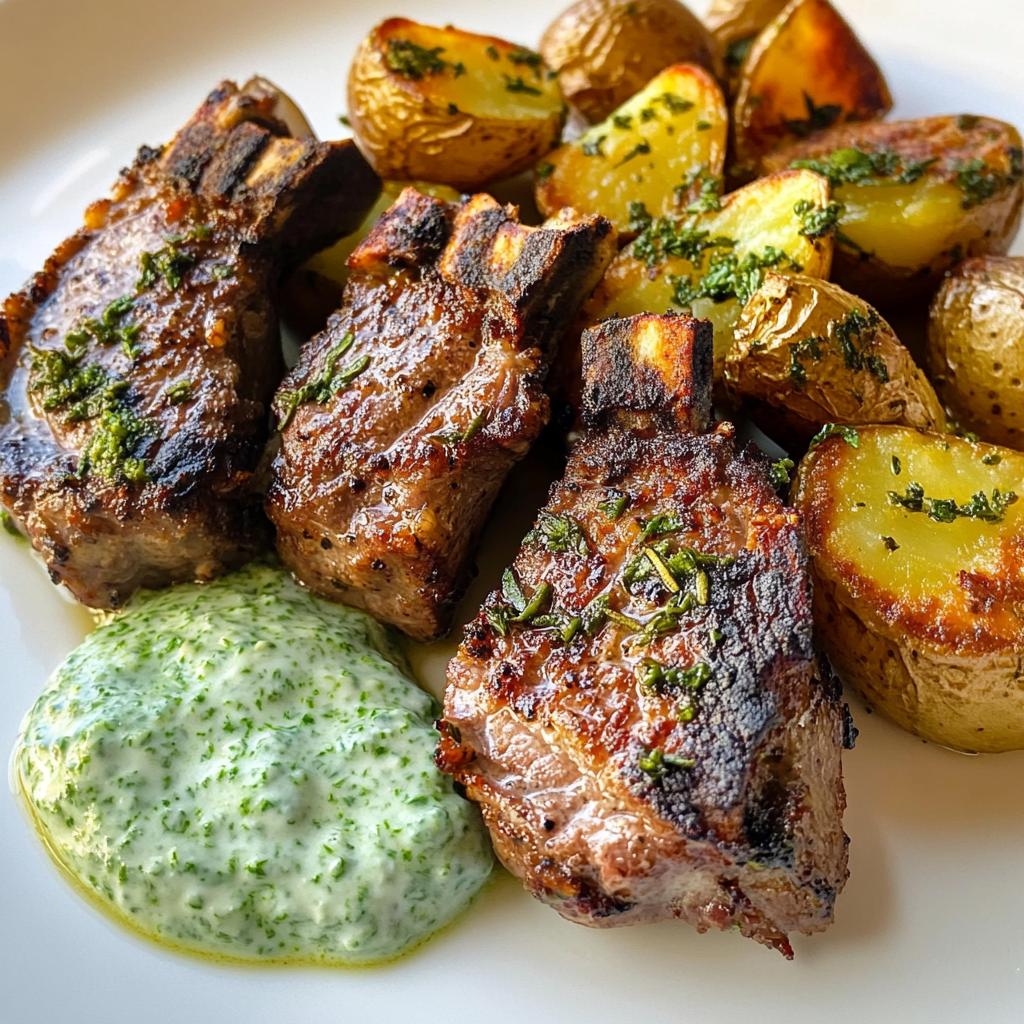 Rosemary Lamb Chops with roasted potatoes and mint yogurt sauce