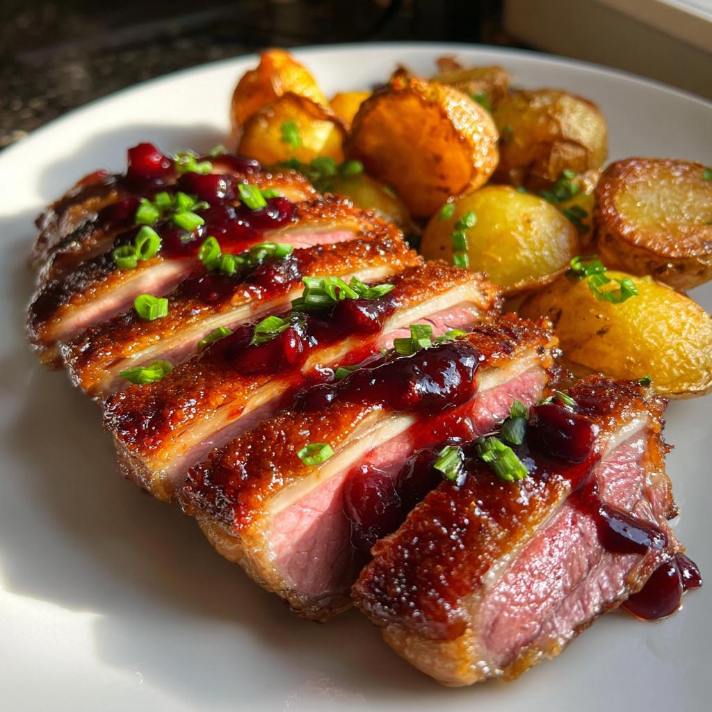 Seared Duck Breast with cherry reduction and roasted potatoes