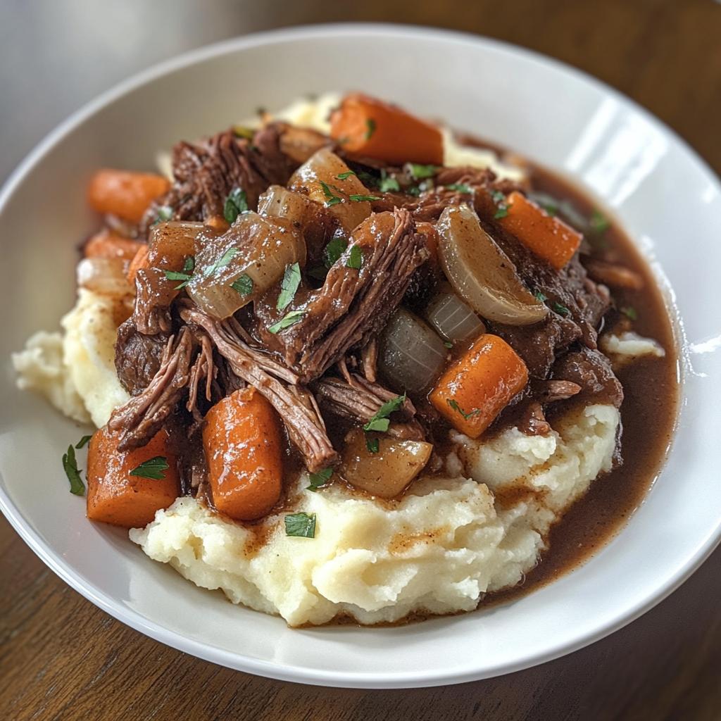 Slow Cooked Beef Pot Roast with creamy mashed potatoes and roasted vegetables
