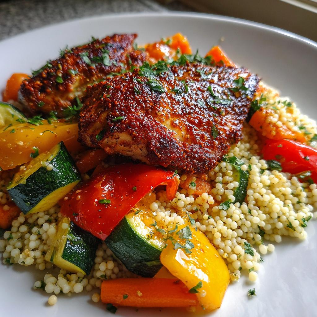 Smoked Paprika Chicken with roasted vegetables and herb couscous