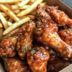 Spicy Honey Chicken Wings with crispy fries
