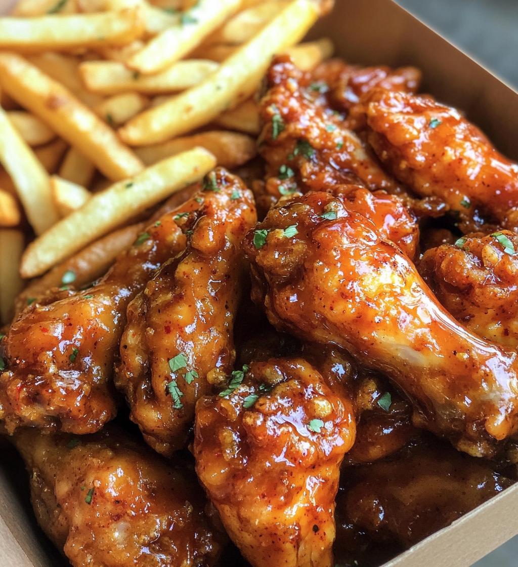 Spicy Honey Chicken Wings with crispy fries