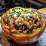 Stuffed Bell Peppers with rice, ground beef, and tomato sauce