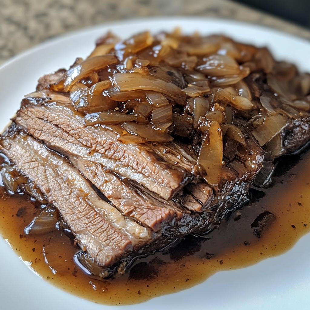 Tender beef brisket in aromatic balsamic onion sauce