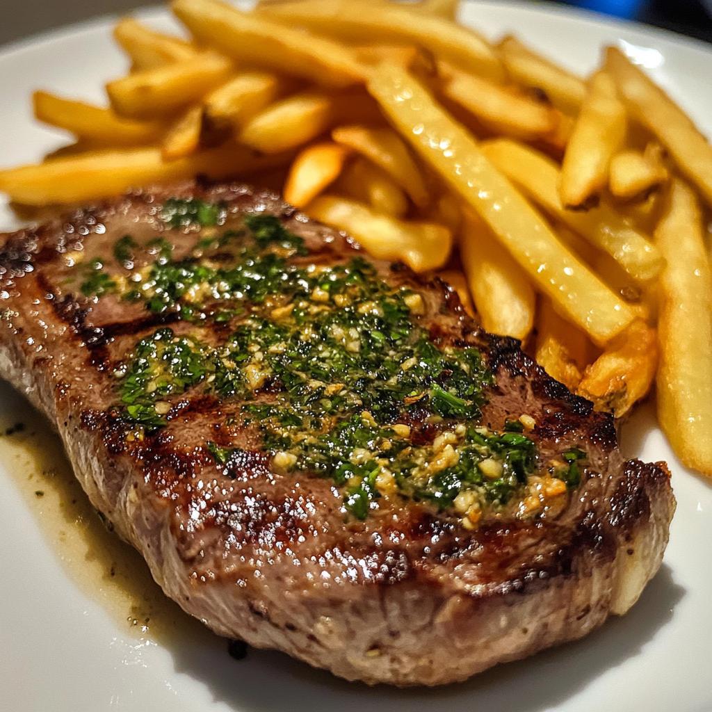 Tender ribeye steak in aromatic garlic butter with crispy fries