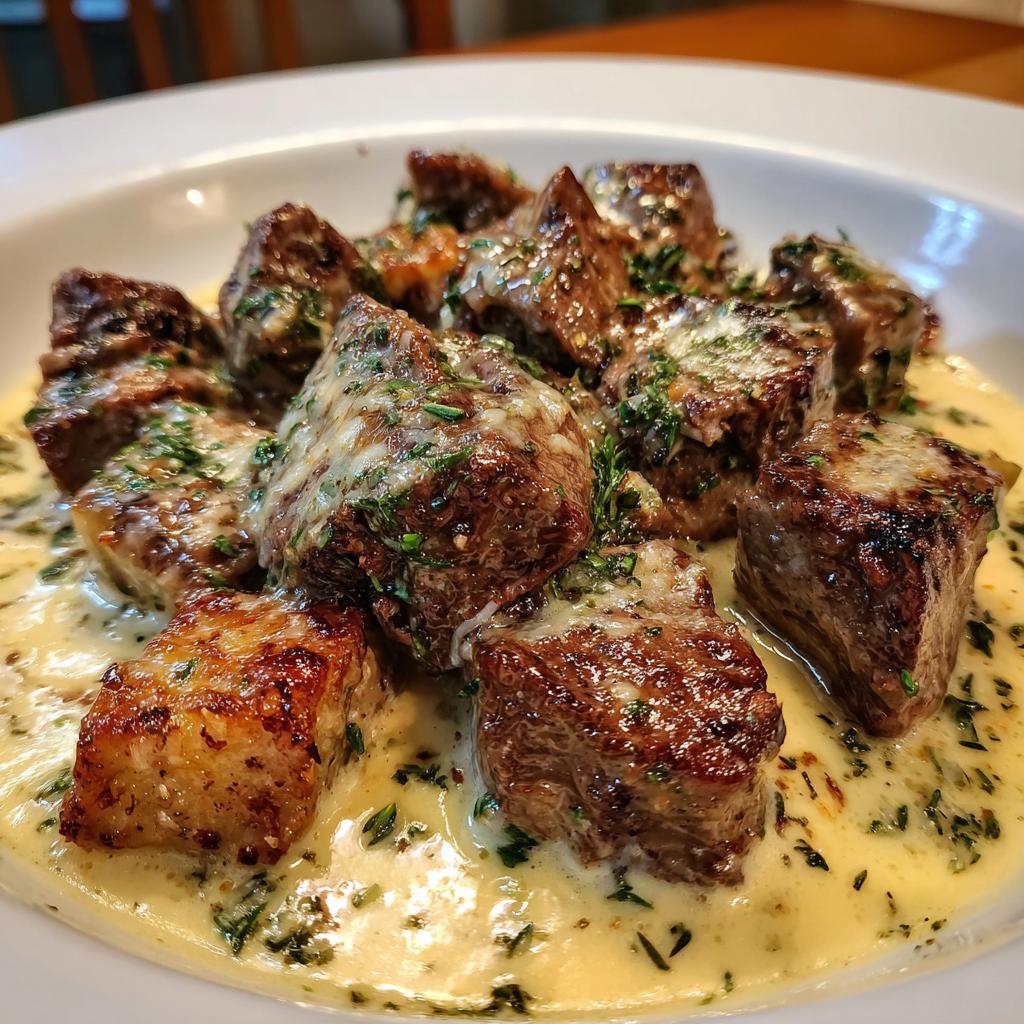 Juicy Steak Cubes in 5-Minute Parmesan Cream Sauce