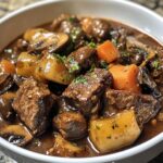Traditional French beef stew with mushrooms