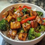 Veggie-loaded stir-fry with tofu, broccoli, bell peppers and sesame-garlic sauce.