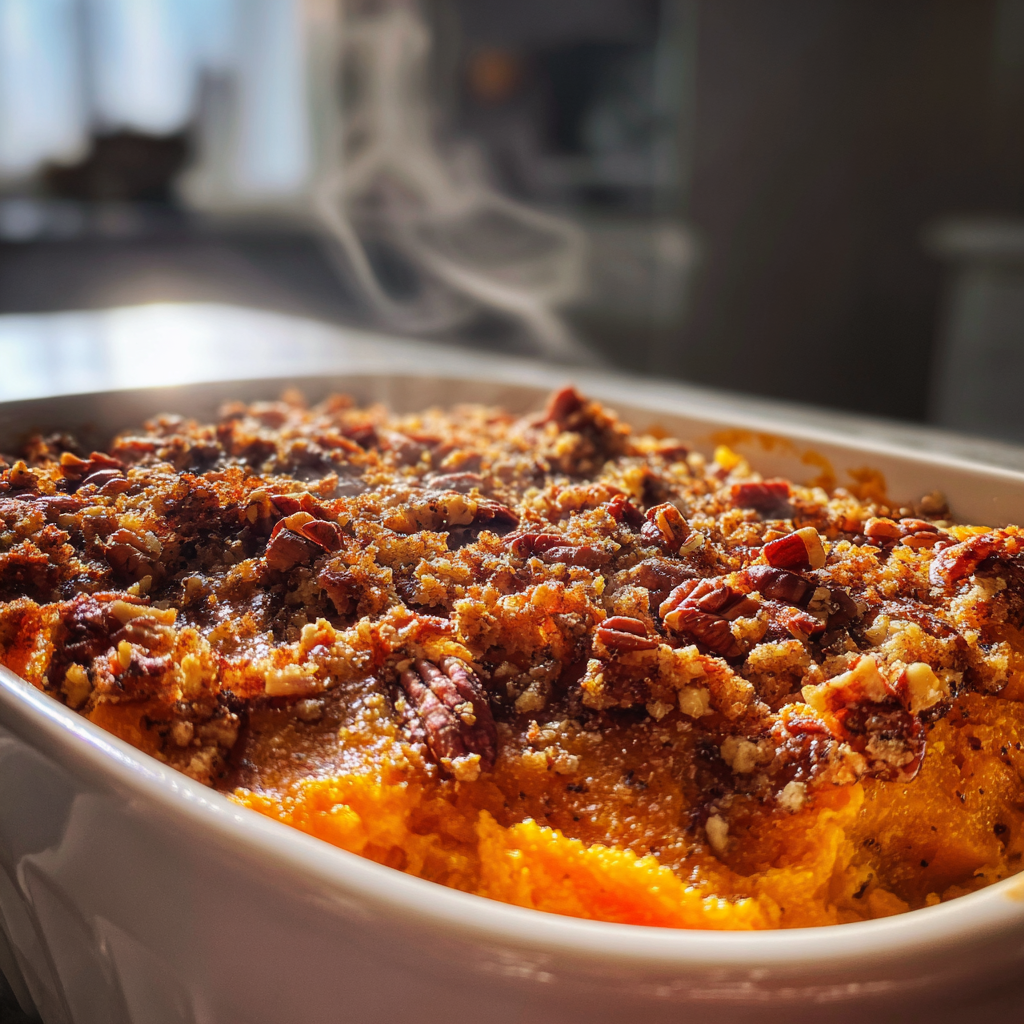 easy sweet potato casserole with 1 irresistible pecan topping