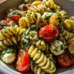 back to school lunch ideas: delicious cheesy pesto pasta salad