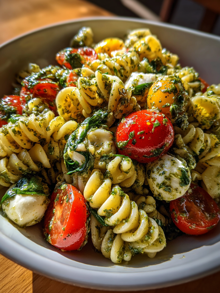 back to school lunch ideas: delicious cheesy pesto pasta salad